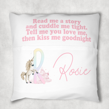 Load image into Gallery viewer, Unicorn Rainbow Alphabet Personalised Pocket Book Cushion Cover White Canvas
