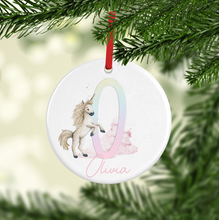 Load image into Gallery viewer, Unicorn Rainbow Alphabet Watercolour Personalised Ceramic Round or Heart Christmas Bauble
