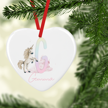 Load image into Gallery viewer, Unicorn Rainbow Alphabet Watercolour Personalised Ceramic Round or Heart Christmas Bauble
