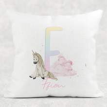 Load image into Gallery viewer, Unicorn Rainbow Alphabet Linen White Canvas Cushion
