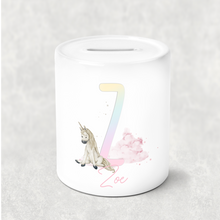 Load image into Gallery viewer, Unicorn Rainbow Alphabet Personalised Money Saving Pot
