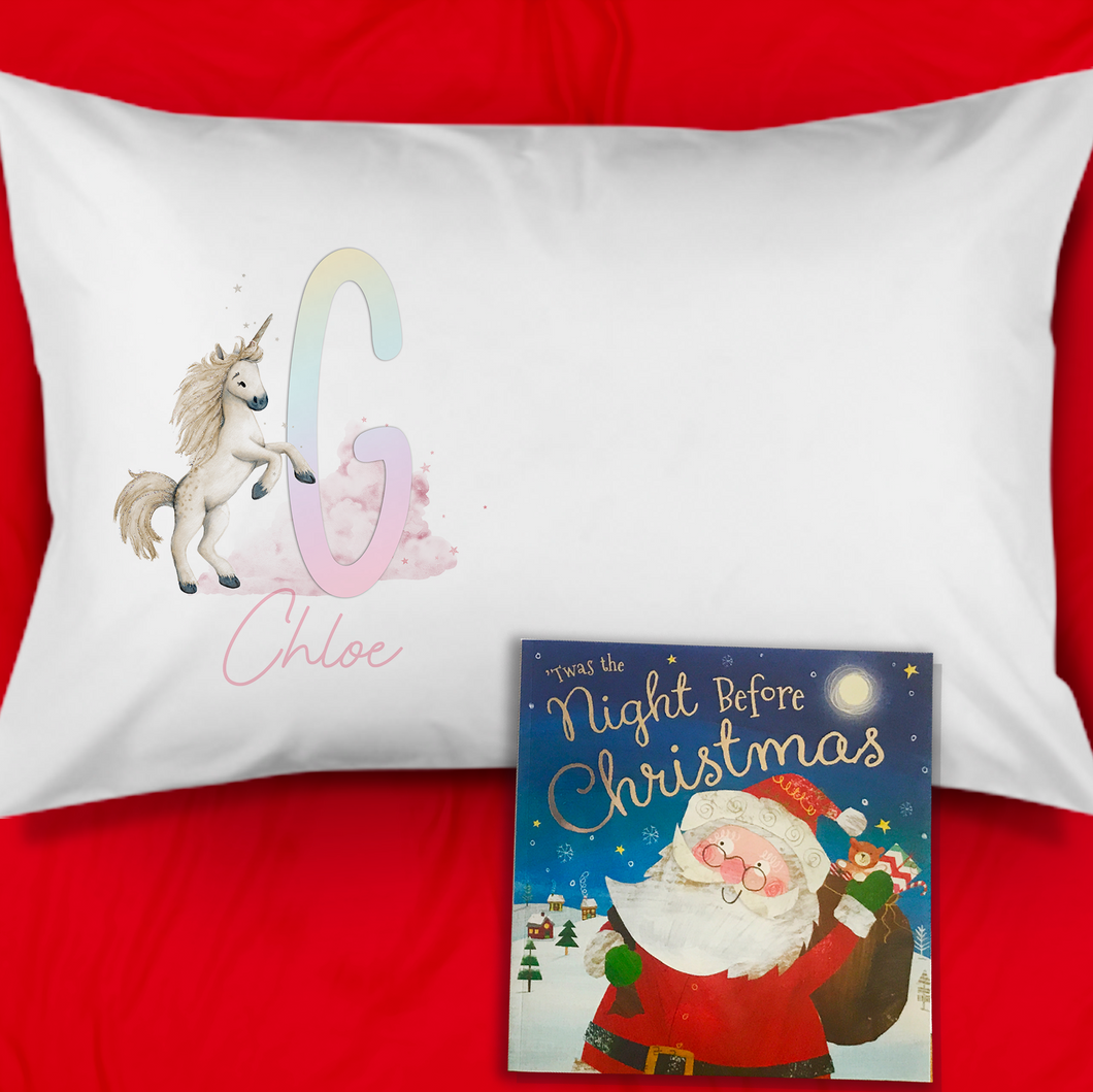 Unicorn Rainbow Personalised Christmas Eve Pillow Case & Book