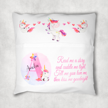 Load image into Gallery viewer, Unicorn Alphabet Personalised Pocket Book Cushion Cover White Canvas
