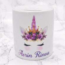 Load image into Gallery viewer, Personalised Unicorn Money Pot | Purple Flowers &amp; Purple Horn - Money Bank - Molly Dolly Crafts
