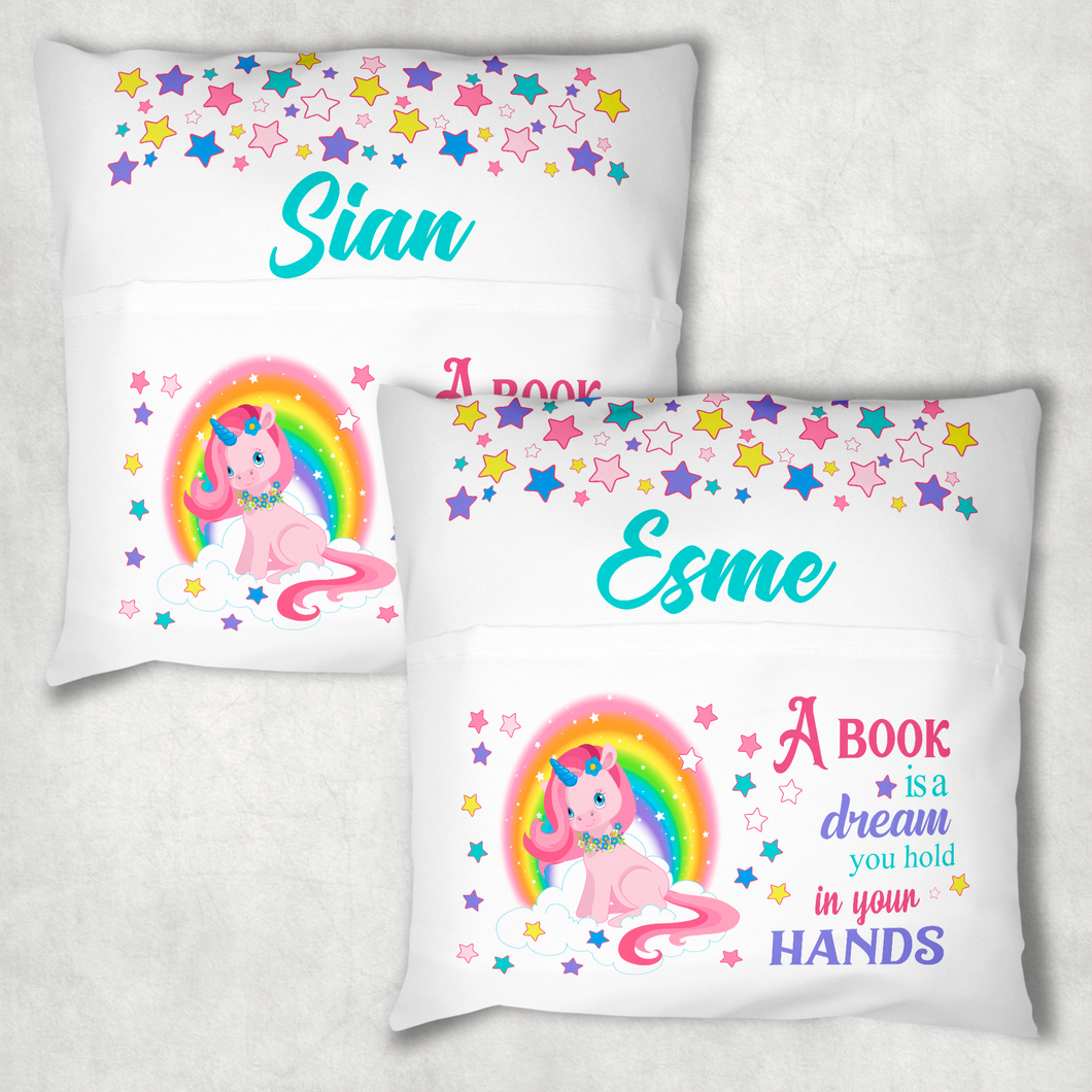 Unicorn Rainbow Personalised Pocket Book Cushion Cover White Canvas