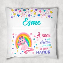 Load image into Gallery viewer, Unicorn Rainbow Personalised Pocket Book Cushion Cover White Canvas
