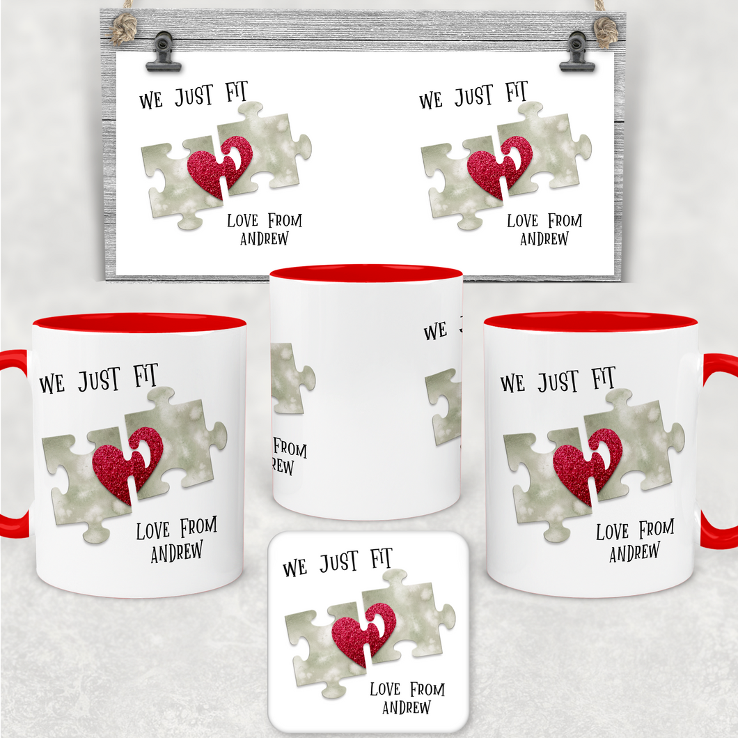 We Just Fit Jigsaw Red Valentine's Day Personalised Mug and Coaster Set