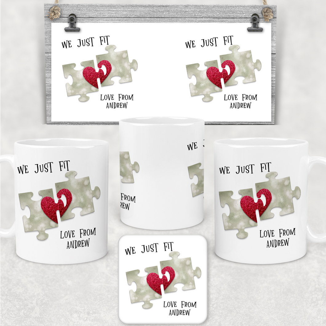 We Just Fit Jigsaw Valentine's Day Personalised Mug and Coaster Set