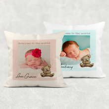Load image into Gallery viewer, Welcome to the World Photo Personalised Cushion Linen White Canvas
