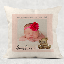 Load image into Gallery viewer, Welcome to the World Photo Personalised Cushion Linen White Canvas
