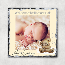 Load image into Gallery viewer, Welcome Baby Newborn Photo Personalised Slate
