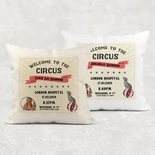 Load image into Gallery viewer, Circus Birth Stat Personalised Cushion Linen White Canvas
