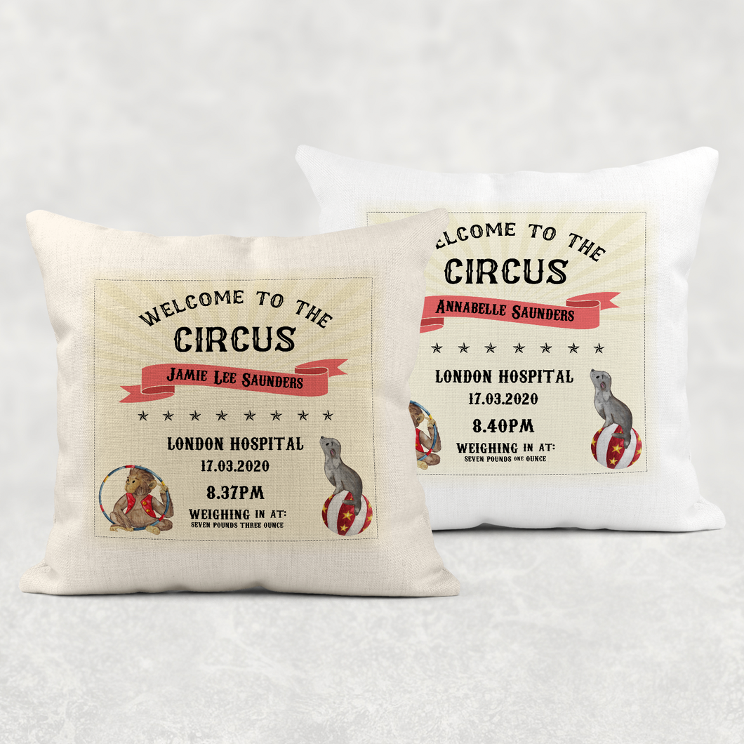 Circus Birth Stat Personalised Cushion Linen White Canvas