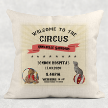 Load image into Gallery viewer, Circus Birth Stat Personalised Cushion Linen White Canvas
