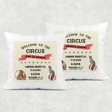 Load image into Gallery viewer, Circus Birth Stat Personalised Cushion Linen White Canvas
