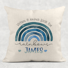 Load image into Gallery viewer, Rainbow When It Rains Personalised Cushion Linen White Canvas
