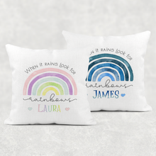 Load image into Gallery viewer, Rainbow When It Rains Personalised Cushion Linen White Canvas

