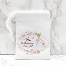 Load image into Gallery viewer, Will you be my Flower Girl, Bridesmaid, Maid of Honour Proposal Small Drawstring Bag
