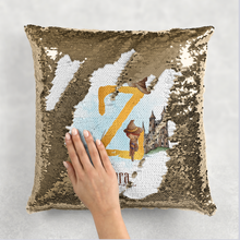 Load image into Gallery viewer, Wizard Alphabet Watercolour Mermaid Sequin Cushion
