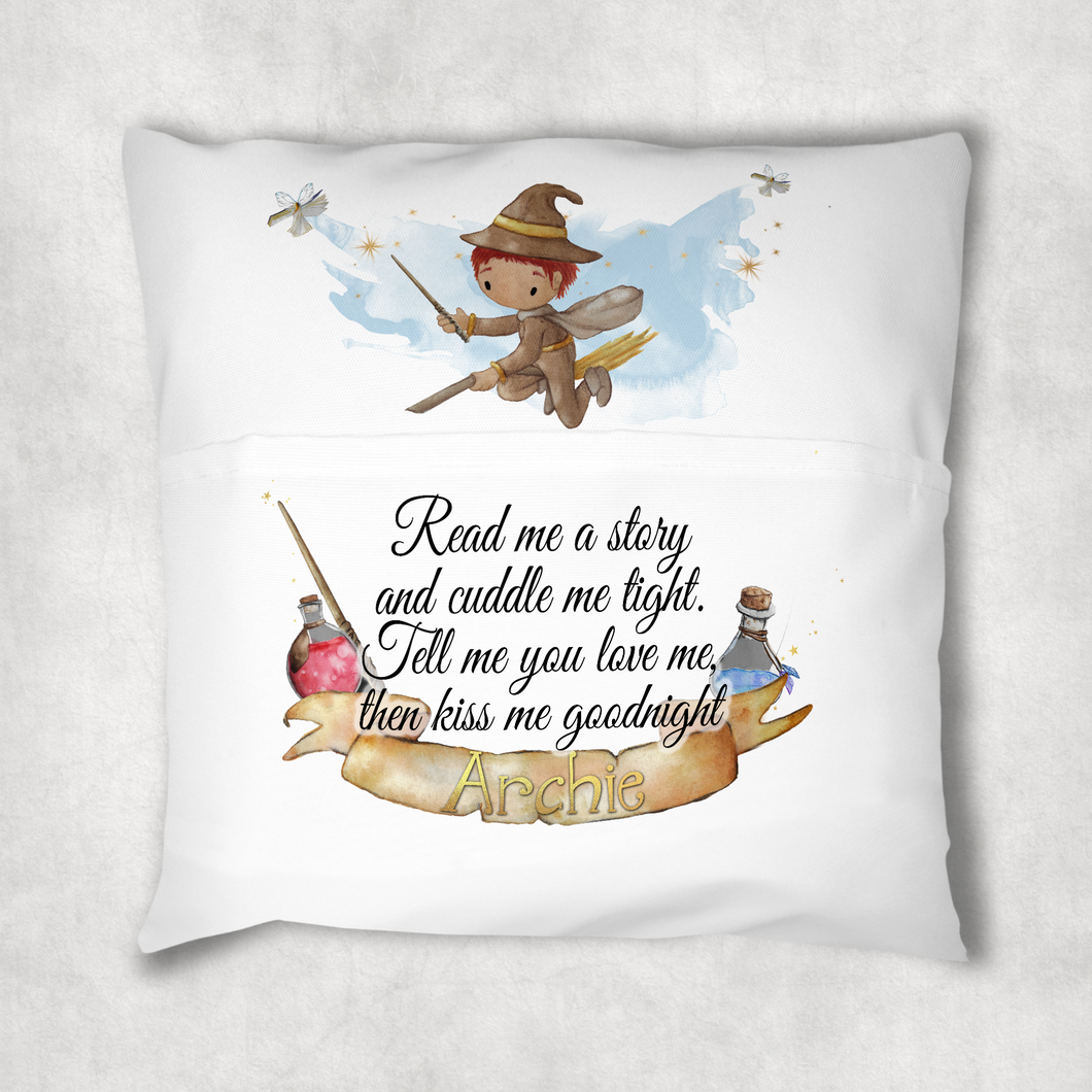 Wizard Magic Personalised Pocket Book Cushion Cover White Canvas
