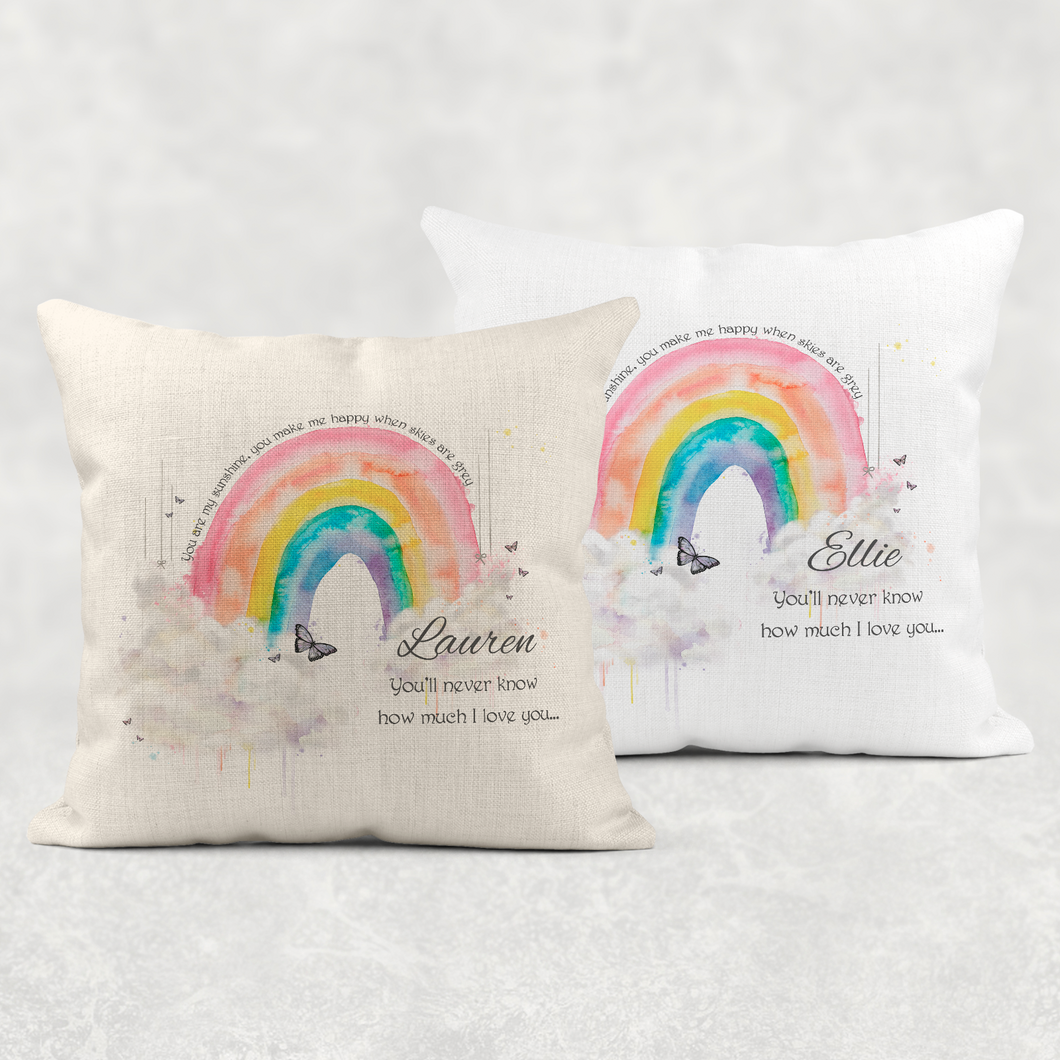 You Are My Sunshine I Love You Rainbow Personalised Cushion Linen White Canvas