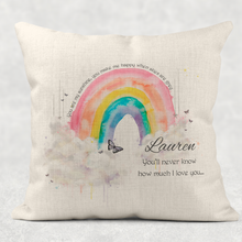 Load image into Gallery viewer, You Are My Sunshine I Love You Rainbow Personalised Cushion Linen White Canvas
